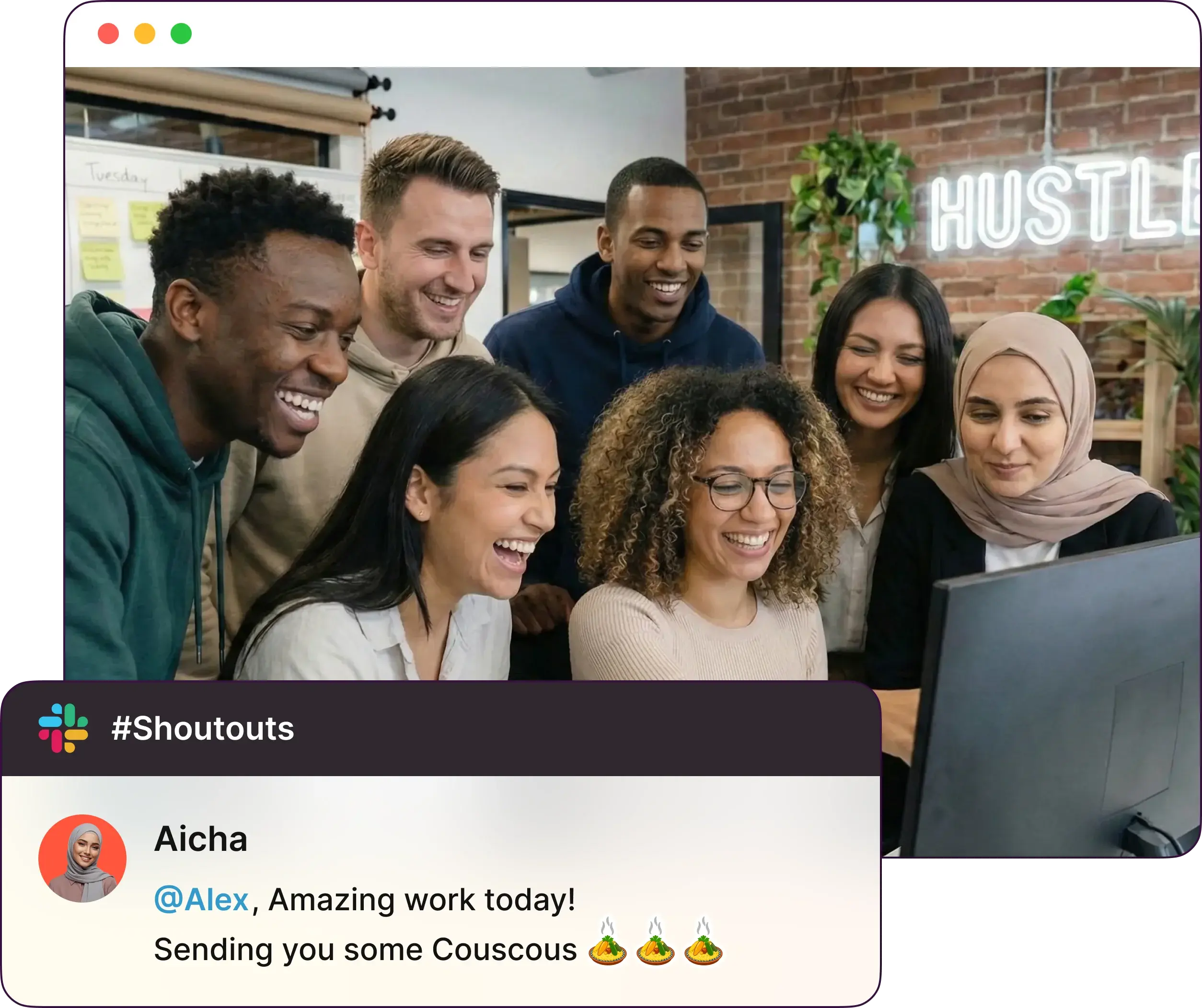 A team celebrating together, with a Slack shout-out message sending Couscous to a teammate
